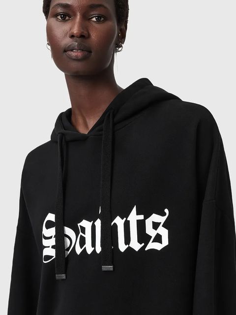 AllSaints bluza bawełniana SAINT damska kolor czarny z kapturem z nadrukiem W140JD - zdjęcie produktu nr 2