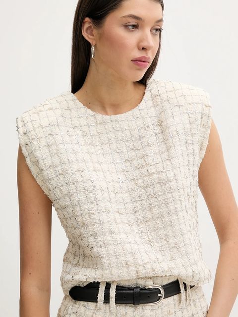 IRO bluzka z domieszką lnu damska kolor beżowy wzorzysta WP16XUNG