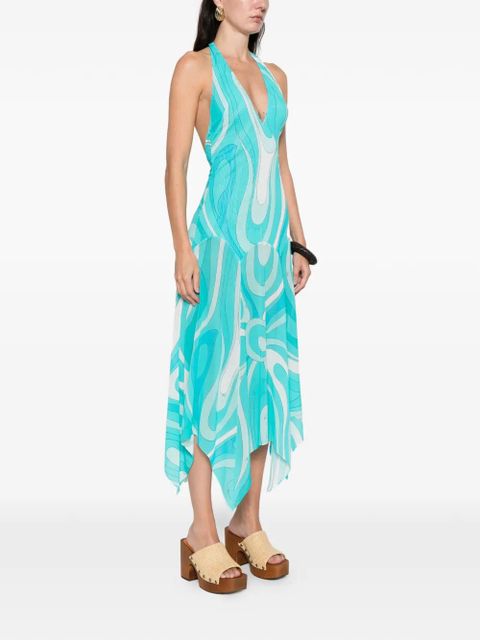 PUCCI Marmo-print V-neck asymmetric dress - Blue