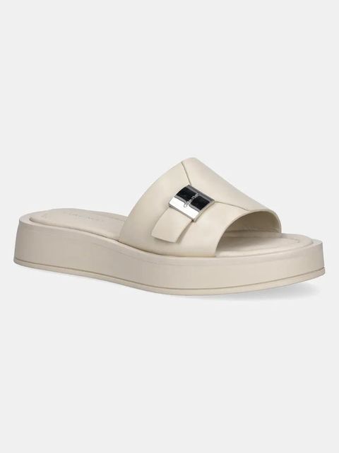 Calvin Klein klapki skórzane FLATFORM SLIDE W/CK HW - LTH damskie kolor beżowy na platformie HW0HW02368 - zdjęcie produktu nr 1