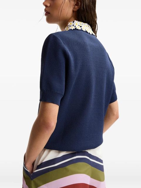 Essentiel Antwerp floral-embellished fine-knit polo top - Blue