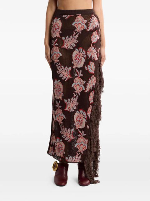ETRO fringed floral-print asymmetric skirt - Brown