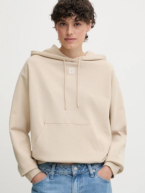HUGO bluza bawełniana damska kolor beżowy z kapturem z aplikacją 50522423 - zdjęcie produktu nr 1