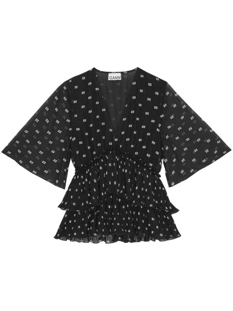 GANNI graphic-print V-neck pleated blouse - Black