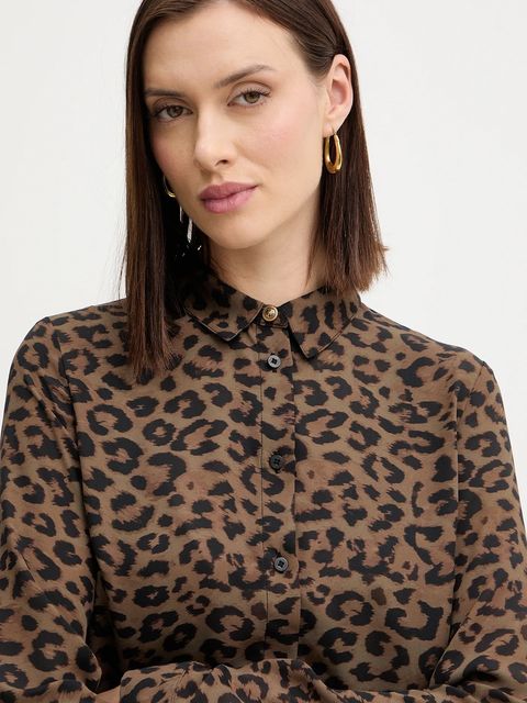 Guess koszula NEW CLOUIS damska kolor brązowy regular z kołnierzykiem klasycznym W5BH73 WGLA2