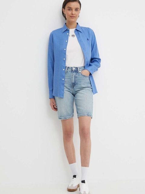 Tommy Hilfiger szorty jeansowe damskie kolor niebieski gładkie high waist WW0WW41326