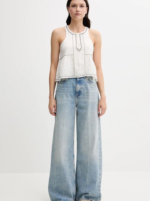 Pepe Jeans bluzka bawełniana damska kolor beżowy z aplikacją PL305102