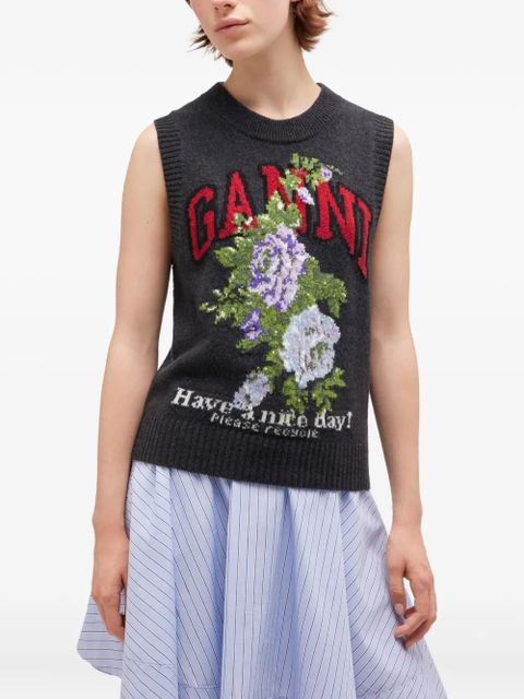 GANNI floral-logo wool vest - Grey