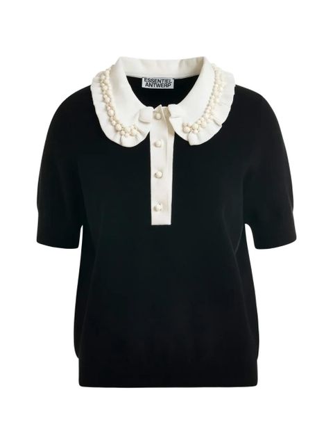 Essentiel Antwerp Jewelry ruffled beaded polo shirt - Black - zdjęcie produktu nr 1