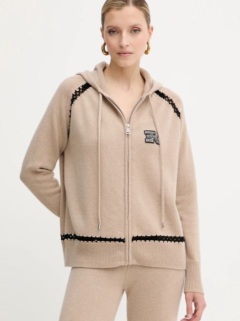 ERMANNO Firenze bluza wełniana damska kolor beżowy z kapturem z aplikacją 57TN037E54 - zdjęcie produktu nr 1