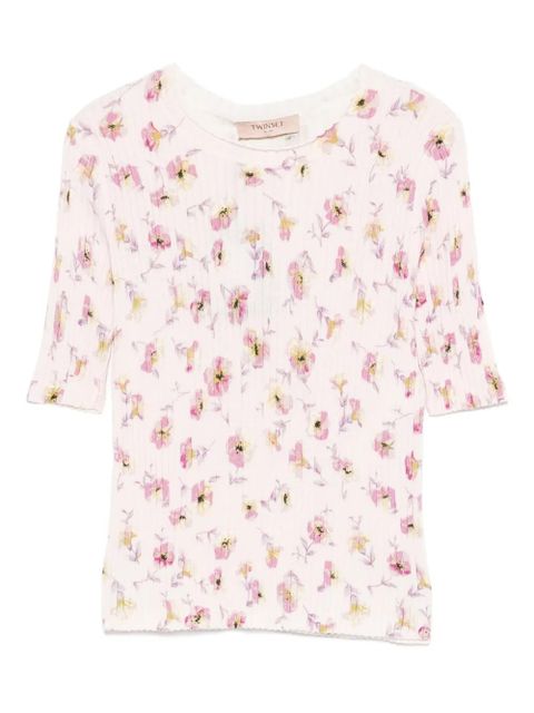 TWINSET floral-print ribbed T-shirt - Pink - zdjęcie produktu nr 1