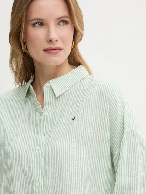Tommy Hilfiger koszula lniana damska kolor zielony relaxed z kołnierzykiem klasycznym WW0WW46169