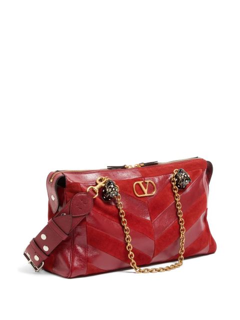 Valentino Garavani Panthea medium shoulder bag in suede and nappa with Chevron motif - Red