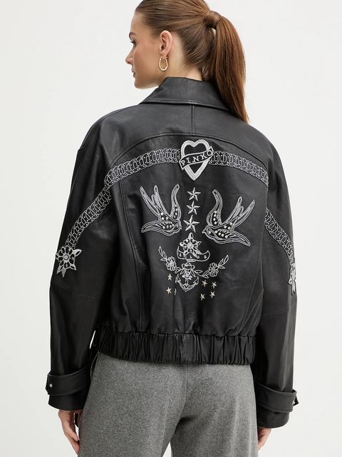 Pinko kurtka skórzana kolor czarny przejściowa oversize 105793 A2U7