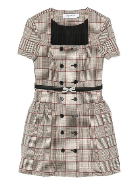 Self-Portrait checked short sleeve mini dress - Neutrals