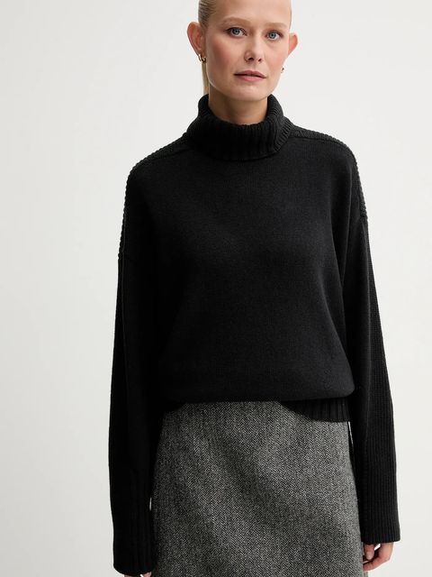 Twinset sweter z dodatkiem wełny damski kolor czarny ciepły z golfem 252TF3023