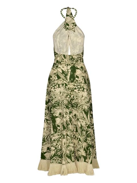 Johanna Ortiz halterneck fringed-hem midi dress - Green