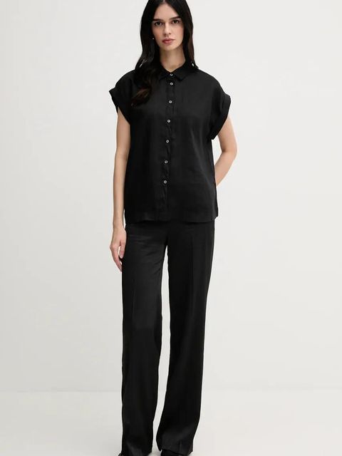 United Colors of Benetton koszula lniana kolor czarny regular z kołnierzykiem klasycznym - zdjęcie produktu nr 2