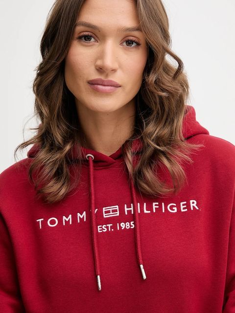 Tommy Hilfiger bluza damska kolor bordowy z kapturem z aplikacją WW0WW43598