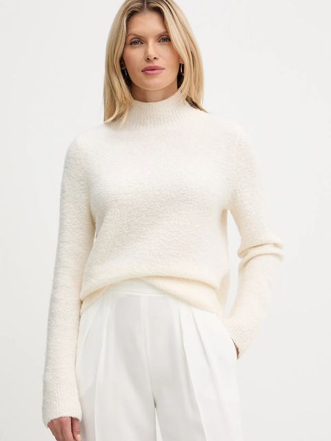 BOSS sweter z dodatkiem wełny damski kolor beżowy lekki z półgolfem 50547907