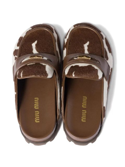 Miu Miu band logo-coin calf hair mules - Brown
