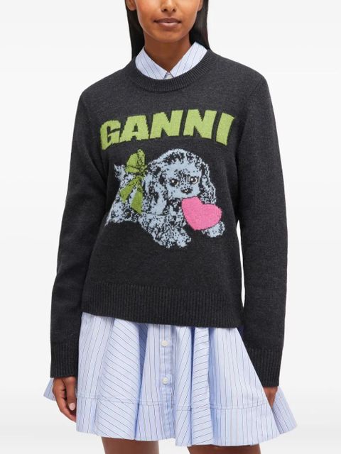 GANNI Puppy-logo crew-neck sweater - Grey
