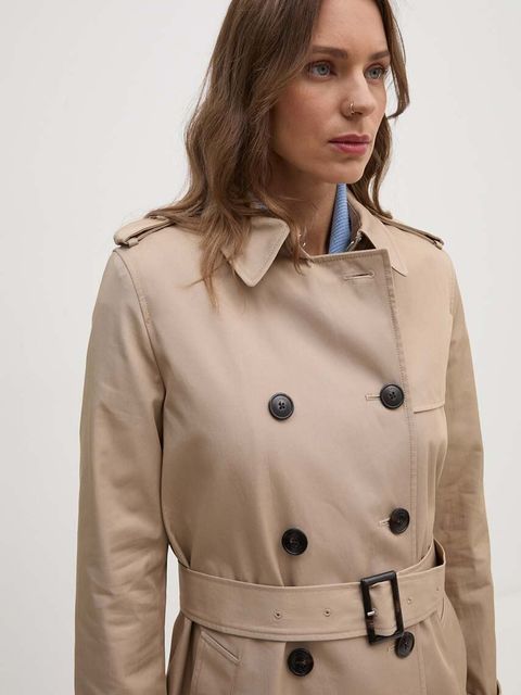 Tommy Hilfiger trencz damski kolor beżowy przejściowy dwurzędowy WW0WW42133