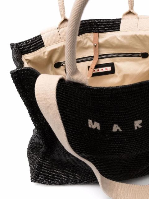 Marni logo-embroidered raffia tote bag - Black