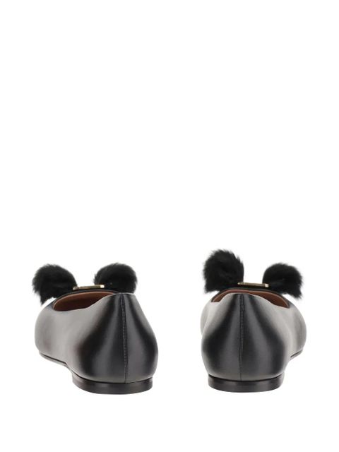 Ferragamo Vara leather fur-pompom ballerina shoes - Black