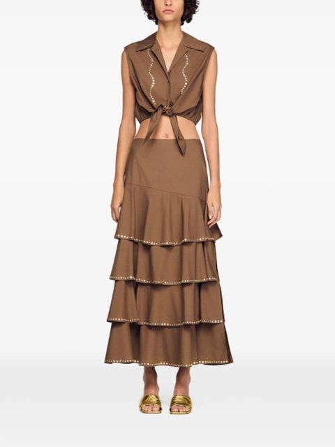 SANDRO rhinestone-embellished tie-up hem shirt - Brown