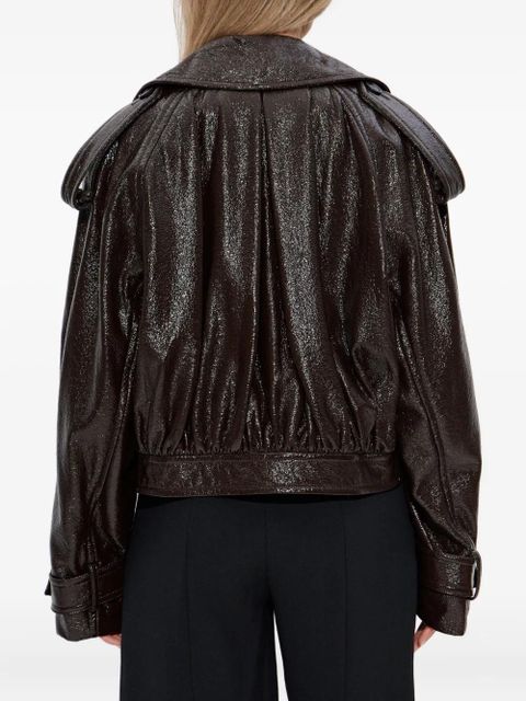 Sportmax leather-effect cuffed-sleeves cropped jacket - Brown