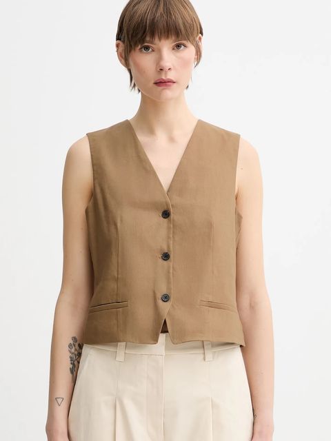 Marc O'Polo kamizelka lniana kolor brązowy jednorzędowa 504095281007 - zdjęcie produktu nr 1