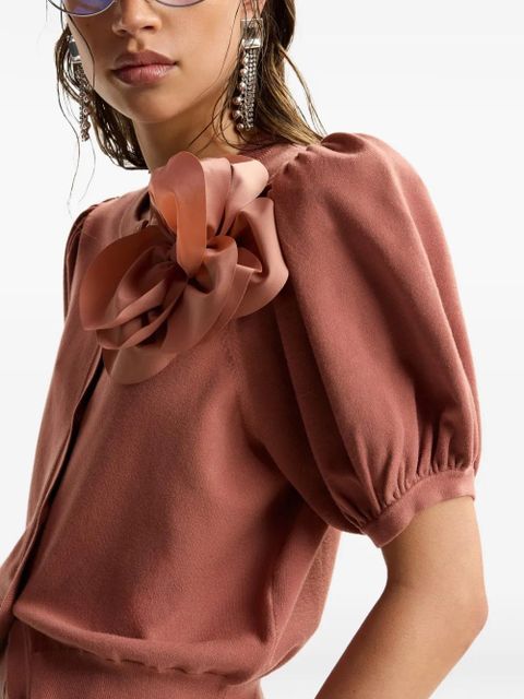 Essentiel Antwerp flower-brooch puff-sleeve cardigan - Brown
