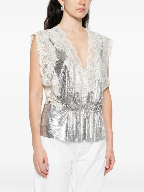 Rabanne lace-insert mesh gathered-waist top - Silver