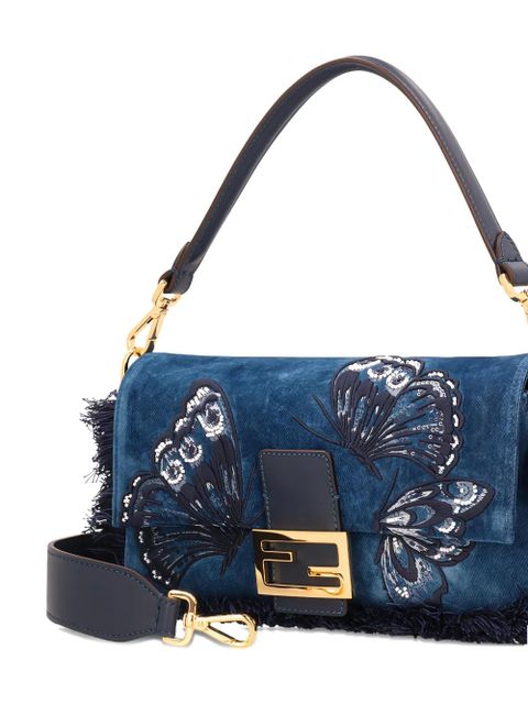 FENDI medium Baguette denim butterfly-motif shoulder bag - Blue