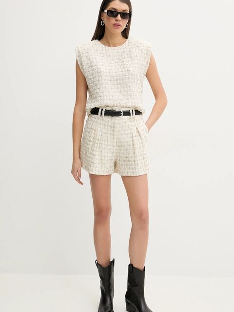 IRO szorty z domieszką lnu damskie kolor beżowy wzorzyste high waist WP30XAGA