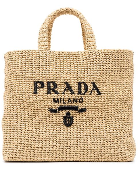 Prada logo raffia tote bag - Neutrals