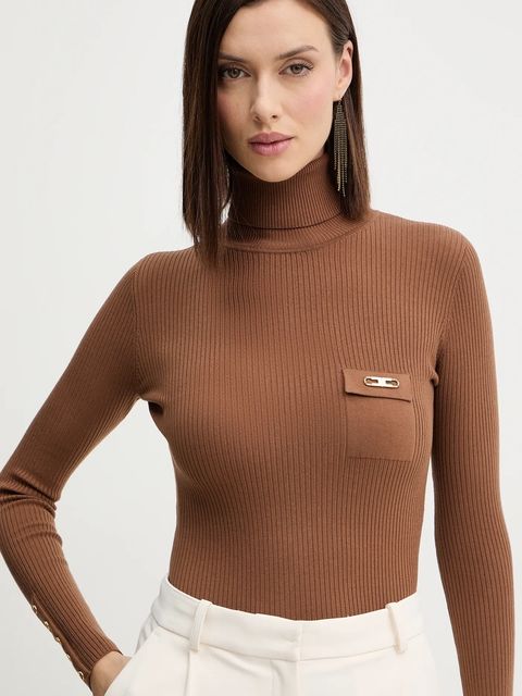 Elisabetta Franchi sweter z dodatkiem jedwabiu damski kolor brązowy lekki z golfem MK11B56E2