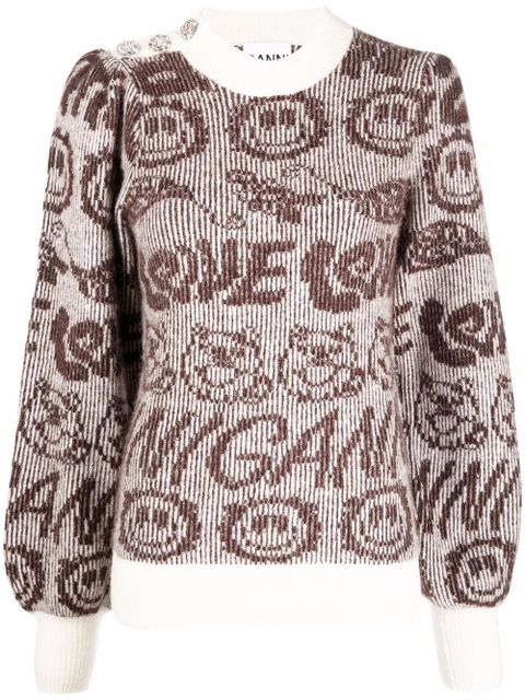 GANNI smiley balloon-sleeve jumper - Neutrals