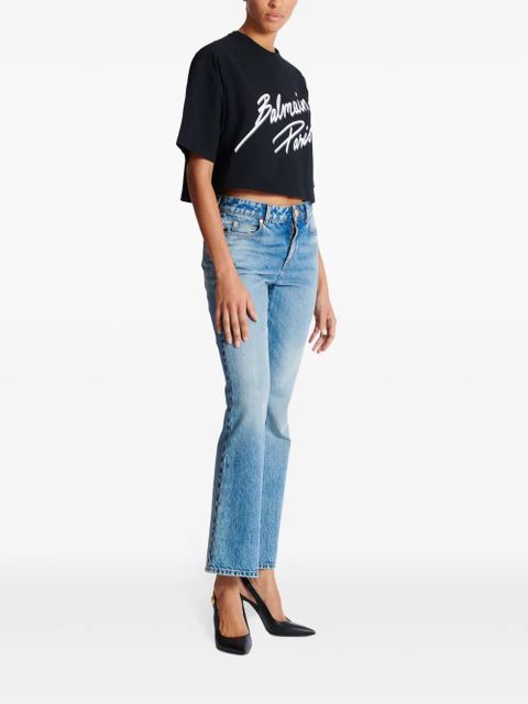Balmain logo-flocked cropped T-shirt - Black