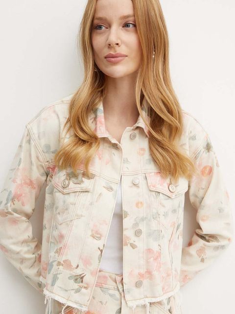 Guess kurtka jeansowa KALISA damska kolor beżowy przejściowa oversize W4YH26 D5E51