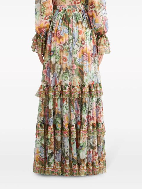 ETRO floral-print tiered silk skirt - White