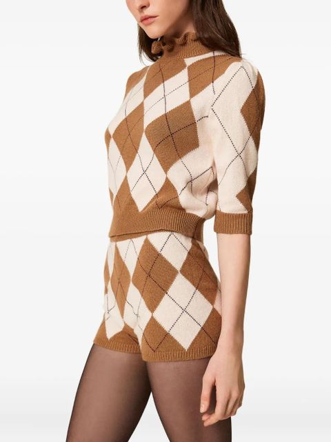TWINSET diamond-pattern ruffled-neck sweater - Brown