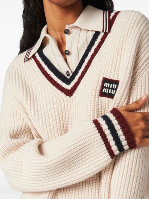 Miu Miu ribbed-knit cashmere polo shirt - Neutrals