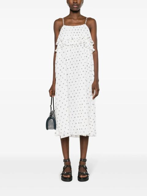 GANNI monogram-print plissé midi dress - White
