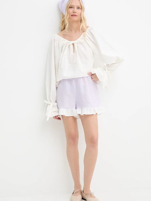 The Sleeper szorty lniane damskie kolor fioletowy gładkie high waist PFSH01P009R