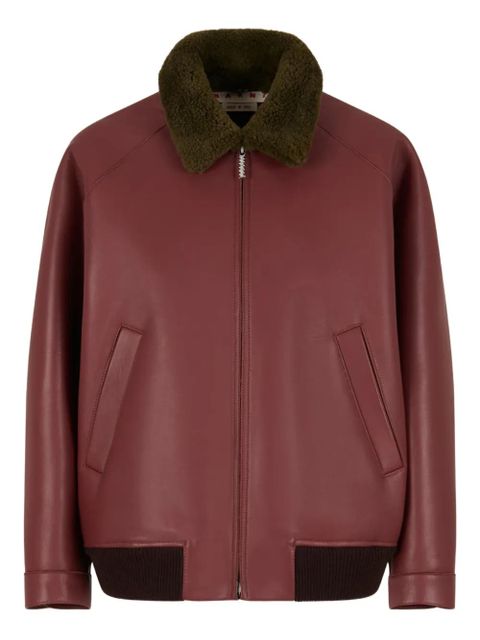 Marni collar-detail leather bomber jacket - Brown - zdjęcie produktu nr 1