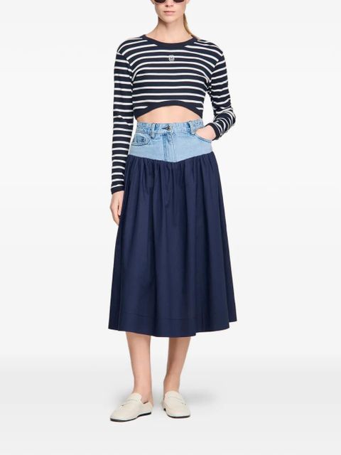 SANDRO contrast-waist flared midi skirt - Blue