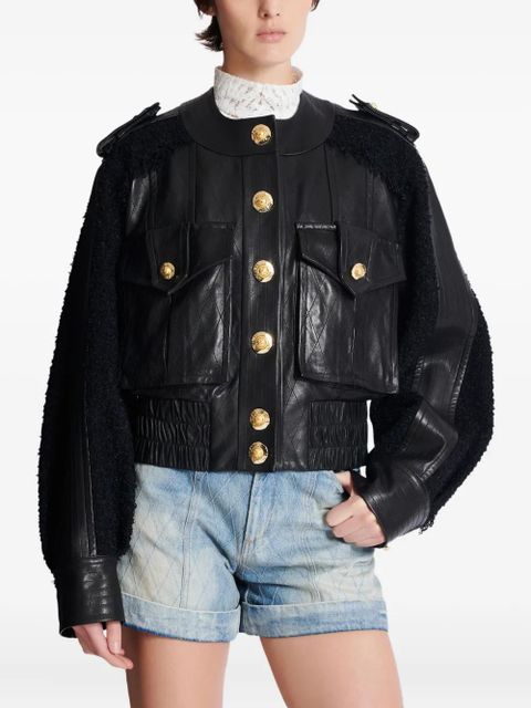 Balmain tweed-panel leather bomber jacket - Black