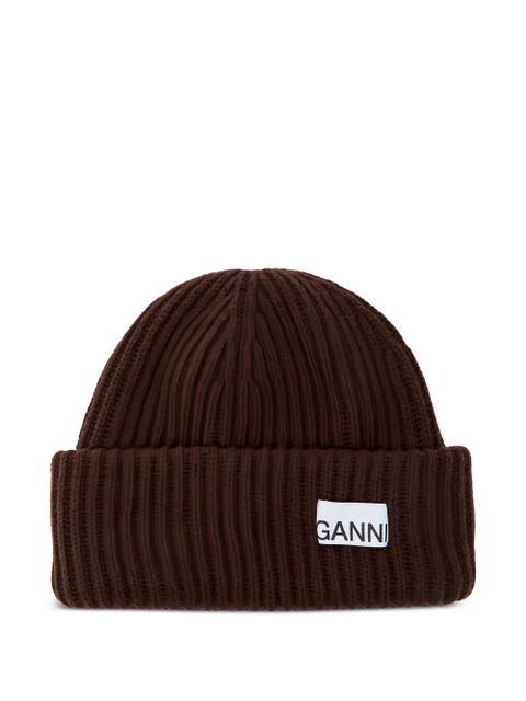 GANNI ribbed patch beanie hat - Brown - zdjęcie produktu nr 1